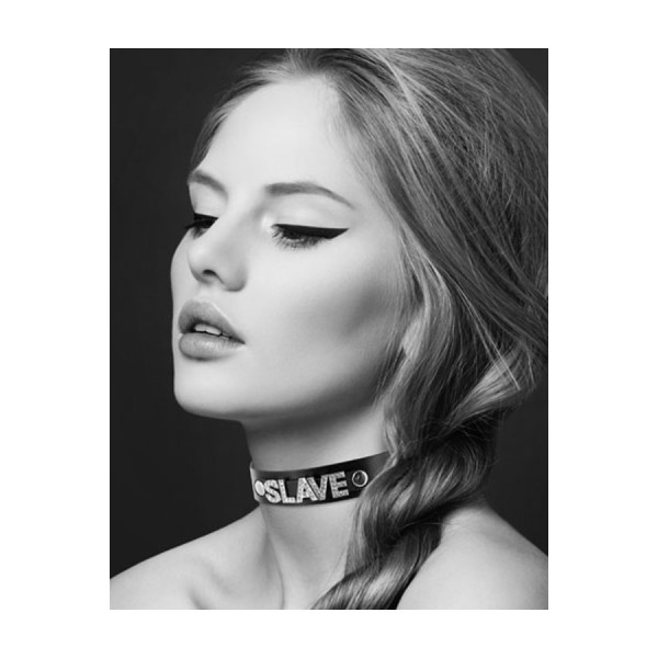 Collier en cuir noir SM avec Slave en strass 